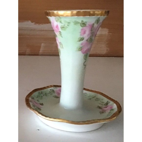 Antique Limoges Porcelain Hat Pin Holder Hand Painted Pink Flowers - Picture 3 of 5